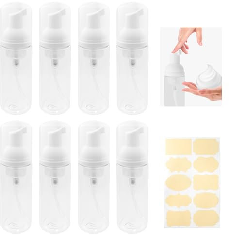 TTQiAnJ 8 Piezas 60 ml Botellas de Espuma Transparente 1 Pegatina,Botella de Espuma Rellenable,Botes Espuma Pequeño con Etiquetas para Viajes,Baño y Hoteles