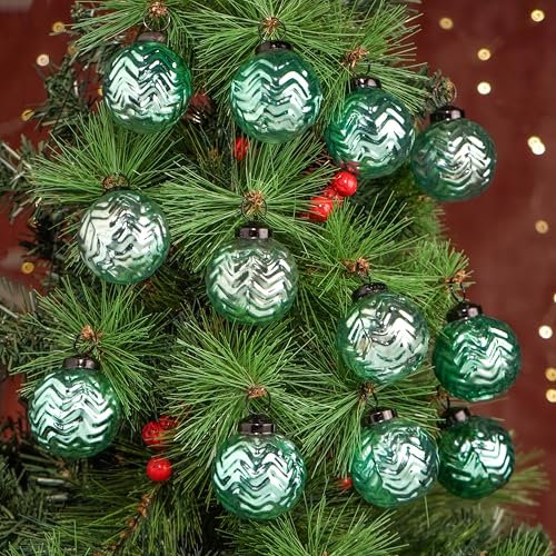 IndianShelf 12 Vintage Mercury Große Weihnachtsschmuck Meeresschaum Grün Glas Weihnachtskugeln für Weihnachtsbaum, Halloween, Neujahr, Valentinstag, Feiertage, Event & Hochzeit Party Dekor, 5,1 cm