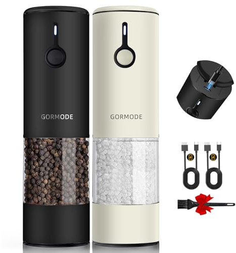 Stainless Steel Rechargeable Electric Salt and Pepper Grinder Set, USB Charging with Dust Cover, 6 Adjustable Grinding Modes + LED Light 2packBrown