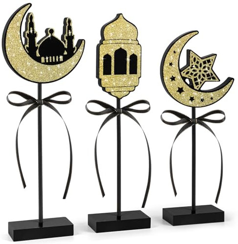 Eid Ramadan Mubarak Tischdekorationen aus Holz, rustikal, islamisch, Ramadan, abgestufte Tablett-Dekoration für muslimisches Zuhause von Al Adha, 3 Stück (glänzend)