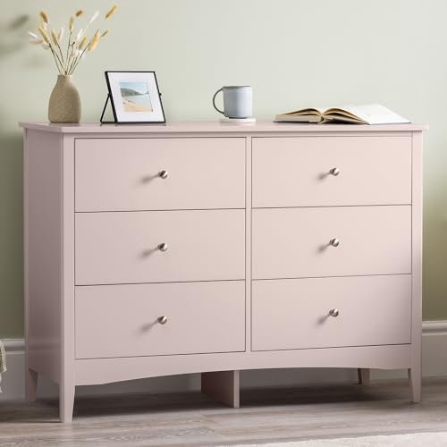 CHRISTOW Pink Chest Of Drawers, 6 Drawer Storage Organiser Unit, Modern Wooden MDF Bedroom Cabinet Furniture, Living Room Hallway, Brushed Chrome Handles, Smooth Glide Runners (H70cm x W80cm x D40cm)