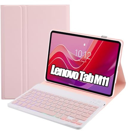 SUEEWE Case with Keyboard for Lenovo Tab M11 11 inch, 7 Color Backlight, Wireless UK Layout keyboard, Removable Detachable for Lenovo Tab M11 (TB330FU/TB330XU), Pink