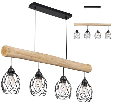 RLCLUTW Vintage Pendelleuchte Holz 4-flammig E27 Balkenlampe im Industrial Design, Retro Hängelampe höhenverstellbar für Esszimmer Küche Wohnzimmer Bar (Primary color, 82cm)