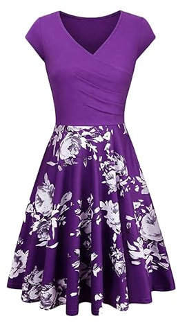 BOFETA Femmes Robe Cache Cœur Col en V Robes Midi D'Été Robe Plissée A Line Fleurs Violettes L