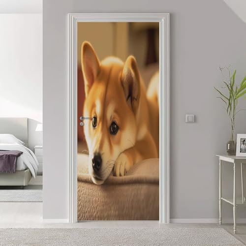 Sticker Porte Effet 3D Murale 95 x 215 cm Poster de Porte pour Porte Cuisine Salon Chambre Salle De Bain Papier Peint Porte Auto-Adhésif Imperméable Amovible Nature Animaux Chiot Brun