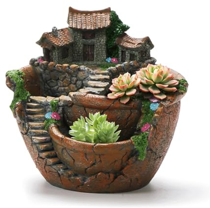 TSKIQQLQ Töpfe für Pflanzen Sukkulenten Pflanzgefäß Blumentopf mit Süßes Haus, Feengarten Design Handwerk Kreative Pflanzen Topf Blumentopf für Kakteen Grünpflanzen für Gartendekoration