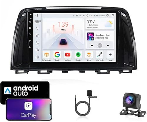 Estéreo de coche Android 14 doble DIN con pantalla táctil para Mazda 6 2012-2017 con Bluetooth, navegación GPS, WiFi, radio FM, USB/SWC/Plug and Play, compatible con Carplay y Android Auto + cámara