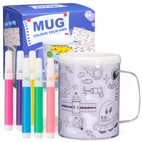 MIJOMA Tazas para colorear para niños DIY – Pinta tu propia taza con asa, taza con 6 bolígrafos y 3 imágenes para colorear, juego creativo a partir de 6 años, apto para alimentos (dinosaurios y