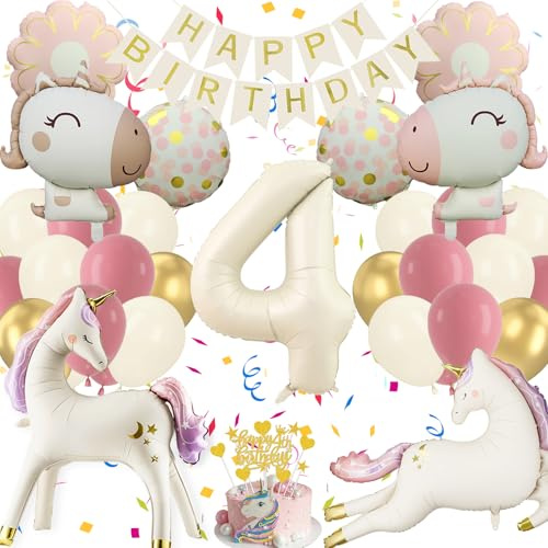 Einhor Deko Kindergeburtstag 4, Riesiges Mattweiß Rosa 4D Luftballons | Einhor Geburtstagsdeko Ballon Banner und Tortendeko, Party Deko Geschenke für Mädchen (Set Geburtstagsdeko 4 Jahre Mädchen)