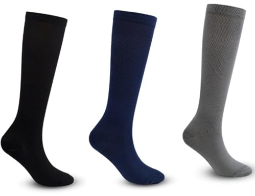 Mevery - Classic Kompressionsstrümpfe Für Damen & Herren, 3 Paar Für Sport, Reisen & Alltag (L/XL,Grau + Blau + Schwarz)