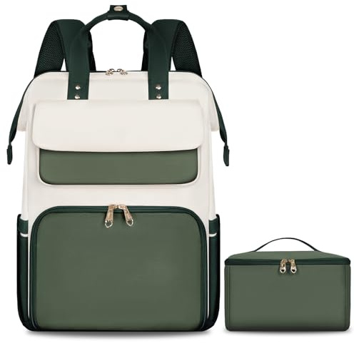 BERTASCHE Lunch Rucksack, Laptop Rucksack Damen 15,6 Zoll mit Isoliertes Kühltasche, 2-in-1-Arbeitsrucksack für Frauen/Arbeit/Business/Reisen/Lehrer/Schule/Uni, Grün-Beige