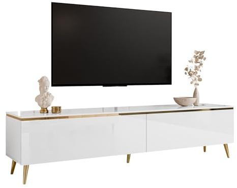 Lookway TV-Lowboard Aurora Hochglanz Weiß auf Goldenen Beinen Gerade oder Schräg Modernes Wohnzimmermöbel mit Dekorativer Goldleiste (Onyx - schräge Gold Chrom)