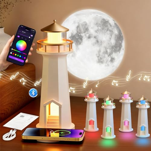 Leuchtturm Deko mit Licht,LED Mondlicht Projektor mit App,Leuchtfeuer mit Kabelloses Laden and Bluetooth-Lautsprecher,Mondprojektion Leuchtturm Lampe,Leuchturm für Weihnachten Geburtstag Geschenk