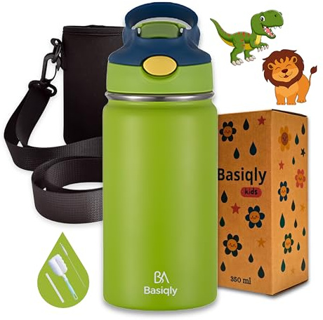 Basiqly Gourde Enfant Inox avec Paille, 350ml, Anti Fuite, Sans BPA, Facile à Ouvrir, Facile à Nettoyer Avec Housse, Stickers, Kit de nettoyage – École Sport Cadeau Fille Garçon VERT POMME