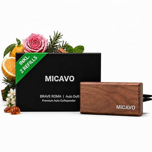 MICAVO Autoduft Brave Roma – Auto Lufterfrischer für die Lüftung, aus echtem Walnussholz, Auto Parfüm frisch aquatisch, Duftstecker Auto inkl. 2 Refills – bis 45 Tage Duft, kein Auslaufen, Unisex