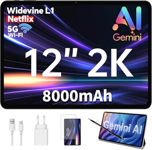 ODEA Tablet 12 Android15, 128GB IPS 2000x1200, 8000mAh 8+13MP con Custodia | con Penna, Gemini AI, TF 5TB, 2GHz Octa-Core, Widevine L1, 5G WiFi, GPS, BT5, OTG, 3.5mm Jack
