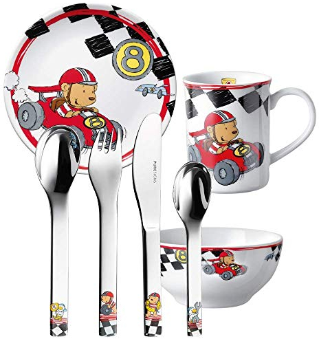 Rennfahrer Kinderset MIT Gravur (z.B. Namen) 7tlg. von Puresigns (Quick, Auto) inkl. Namensgravur auf der Kinderbesteck-Vorderseite, Taufgeschenke für Jungen