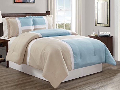 GrandLinen 3-teiliges Bettwäsche-Set, hellblau/grau/weiß gestreift, King-Size-Größe, enthält 1 Bezug und 2 Kissenbezüge, gebürstete Mikrofaser, luxuriös, ultraweich und langlebig