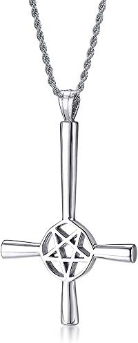 Herren Gothic Pentagramm Satanische Halskette : Edelstahl Pentagramm Satanic Satan Pagan Wiccan Inverted Cross Anhänger Halskette für Männer Halloween Weihnachten Geschenk, 24 Seilkette,Silber