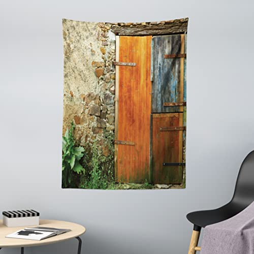 ABAKUHAUS Fensterläden Wandteppich, Alte Mode Landhaus Französisch Eingang Steinmauer Bauernhaus Bild drucken, aus Weiches Mikrofaser Stoff Wand Dekoration Für Schlafzimmer, 110 x 150 cm, Orange Grün