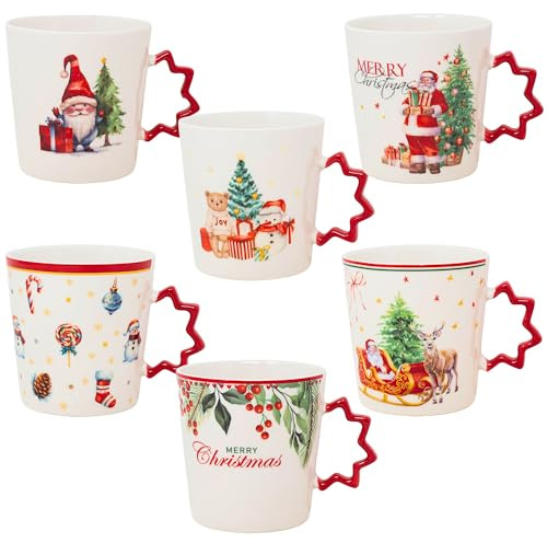 NAMAI - Set di 6 Tazze Natalizie, 385 ML, Porcellana Resistente, Adatte In Lavastoviglie e Microonde, Eleganza Natalizia, Tazze Colazione, Idea Regalo (6 Mug Natale)