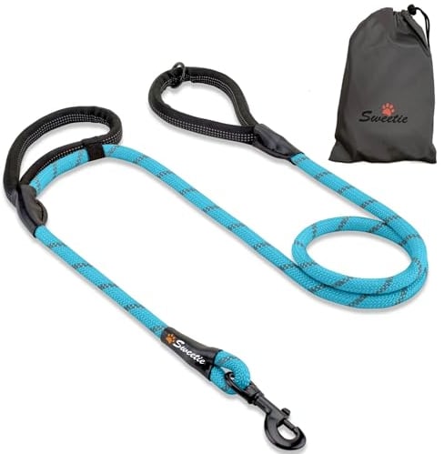 Sweetie Rope Dog Lead - Strong Leash with 2 Comfortable Padded Handles 5 FT for Medium & Large Size Pets - Reflective, Weather Resistant & O-Ring. Blue