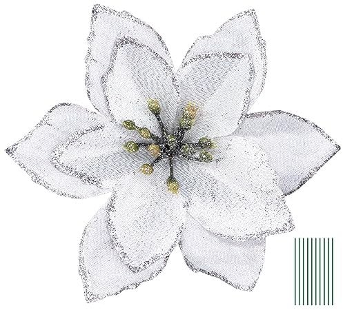 Yueshop 10pcs Christmas Glitter Poinsettia Flowers Ornament Christmas Tree Wreath Decoration Artificial Wreath Flowers for Xmas Tree Ornaments Decor (Silver)