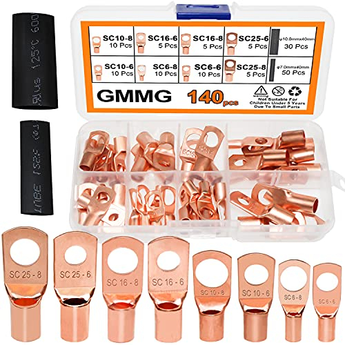 Rohrkabelschuhe Ringkabelschuh 140 Stück Kupfer Kabelschuhe kabelösen Set 25mm² 16mm² 10mm² 6mm² Kupferklemen für Crimpen Elektrischen Drähten Steckverbindern Kabelschuhen