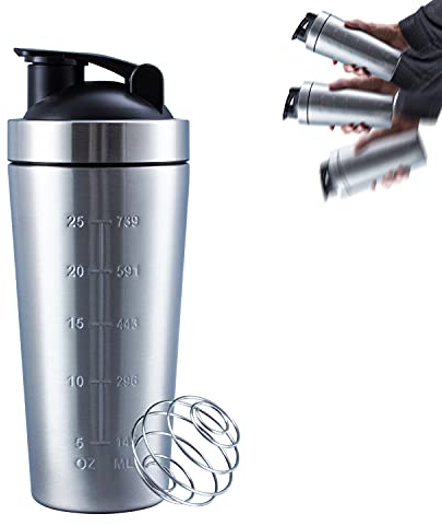 VALESKA Shaker Bottle with Wire Whisk, Protein Shaker Bottle for Protein Mixes, Stainless Steel Shaker Bottle, Metal Shaker Bottle,Large Shaker Bottle 25oz (739ml), BPA Free,Leak Proof Design