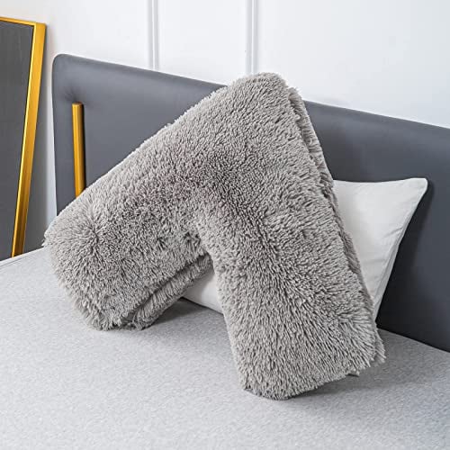 LSC Orthopädisches V-Kissen, weiches & flauschiges Sherpa Teddy HUG & SNUG Fleecekissen zur Unterstützung von Kopf, Nacken und Rücken, V-förmiges Mutterschafts- und Stillkissen mit antiallergischem Kissenbezug 70 x 35 cm (Grau)