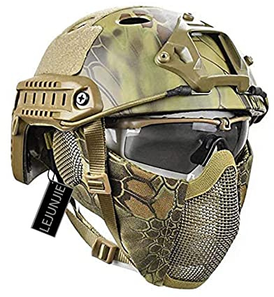 PJ Airsoft Paintball Fast Helm mit faltbarem Gehörschutz halbe Stahlnetz Maske und Brillen Set