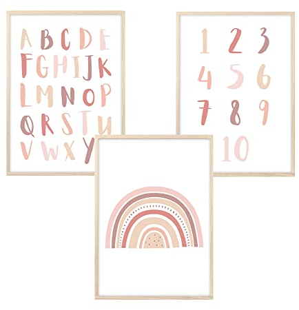 MeinBaby123® Bilder Kinderzimmer | 3er Set A4 Poster | Alphabet ABC Lernposter Zahlen Regenbogen | Deko Kinderzimmer Mädchen | Babyzimmer | Wandposter Premium(ABC, Regenbogen, Zahlen - rosa)