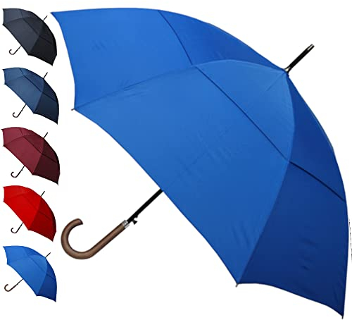 COLLAR AND CUFFS LONDON 95KPH Parapluie Canne Solide Homme Femme Automatique - Resistant au Vent Fort Robuste Tempete - De Marche - Poignée en Bois - Fibre de Verre - Toile Aérée - Bleu Azur