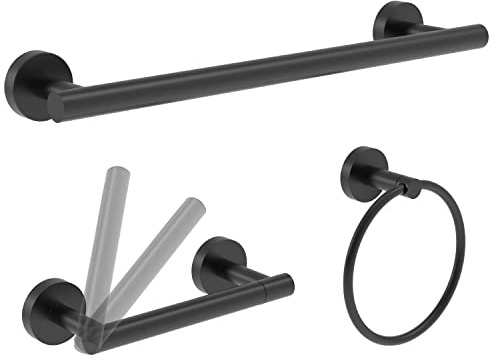 RARXTR 3pc Bathroom Hardware Set with Matte Black Toilet Paper Holder, Towel Ring, Towel Bar SUS304 Stainless Steel Toilet Paper Roll Holder Wall Mount, Bathroom Towel Holder, Towel Rack Set
