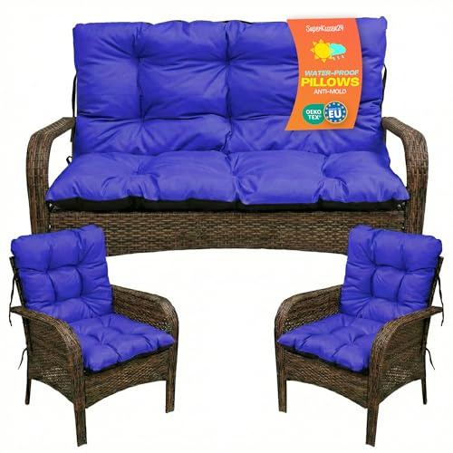 SuperKissen24. Sitzkissen Bankkissen Bankauflage - 140x50 cm und Rückenlehne 140x60 cm mit 2er 48x96 cm Stuhlkissen Set - Outdoor und Indoor - Blau