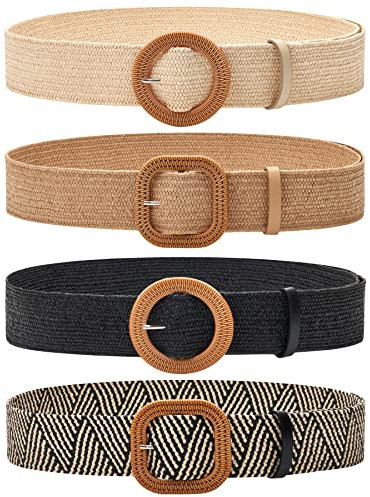 Ceinture élastique en paille tissée avec boucle en bois pour femme, Lot de 4 - Noir/sable/rayures/kaki, taille 84 cm