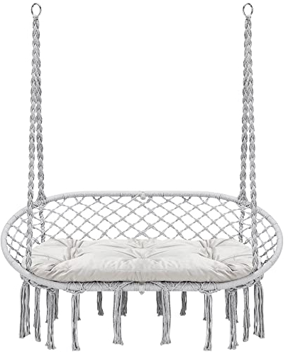 Homgava Chaise hamac en macramé avec coussin, cordes en coton suspendues, cadre en métal, capacité de 204 kg, intérieur et extérieur, patio, balcon, salon, terrasse, cour, jardin (double balançoire)