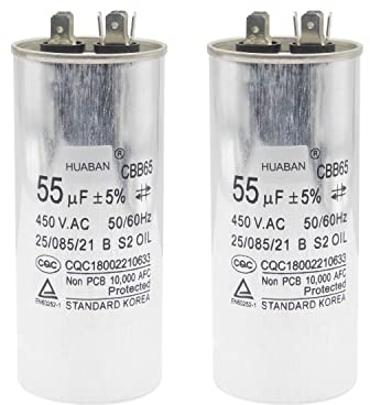 HUABAN 2 Pièces 55 uF Condensateur de démarrage CBB65 450V 50/60Hz Coquille en aluminium pour climatiseur