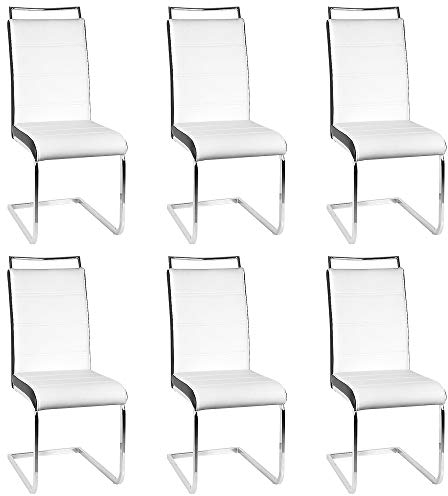 KEVO Set mit 6 Stühlen für Esszimmer oder Küche, mit gepolsterter Sitzfläche und verchromtem Fuß, Freischwinger Stuhl, 2 Stühle, getestet von SGS (4 Gitter (weiß + schwarz), 6 Stück)