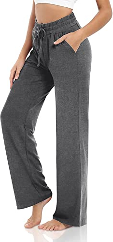 VIGVAN Jogginghose Damen Baumwolle Weites Bein Yogahose Sweatpants Freizeithose Lang Kordelzug Lose Lounge Pants Jogging Hose Hausehose Sporthose mit Taschen (B-Dunkelgrau, L-1)