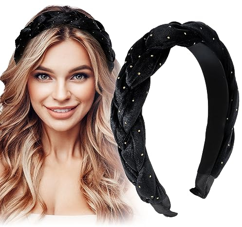 BETESSIN Samt Haarreif Dirndl Geflochten Stirnband Breit Haarband Gepunkte Vintage Gepolsterte Haarreifen Trachten Haarschmuck Rockabilly Kopfband für Damen und Mädchen Schwarz