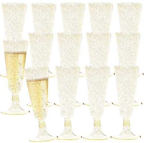NAMIS Sektgläser Plastik 50 Stück Champagnerflöten 150ml Mehrweg Mit Weinglas Marker Silikon für Hochzeit Party Picknicks Outdoor (Gold)