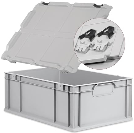Eurobox NextGen Economy 60x40x22cm Griffe geschlossen mit Scharnierdeckel grau, Kunststoffbox 44 Liter, Logistikbox Lagerbox Campingbox stapelbar, Farbe Deckel-Verschlüsse wählbar (Verschluss Schwarz)