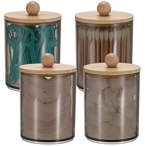 SUMTree 4 Pcs Apothecary Jars Cotton Ball & Swabs Holder Clear Acrylic Bathroom Storage Container with Bamboo Lid, Black