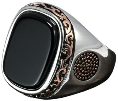 Herrenringe, Herrenringschmuck, Ringe, Ringschmuck, echte reine Herrenringe aus Silber S925, türkische Retro-Vintage-Ringe for Männer mit natürlichen schwarzen Onyxsteinen, Türkei-Schmuck ( Size : 12