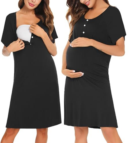 Irdcomps Chemise de Nuit Maternité Femme Coton Robe Allaitement Maternité avec Bouton Vetement Grossesse Enceinte Devant Ouvert Vêtements de Nuit Allaitement Pyjama à Manches Courtes Noir2 L