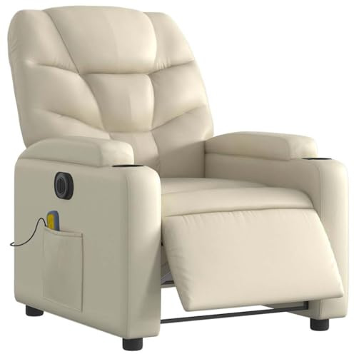 vidaXL Massagesessel, Sessel Elektrisch, Relaxsessel mit Liegefunktion Vibrationsfunktion, Fernsehsessel Liegesessel für Wohnzimmer, Creme Kunstleder
