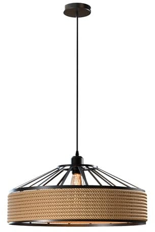 DC VOLTAGE Industrial Metal & Rope Pendant Light,40cm Retro Hemp Rope Black Ceiling Lampshade with 2m Adjustable Cable Pendant Lamp Shade for Living Room Bedroom Kitchen Hallways Floor Lamp