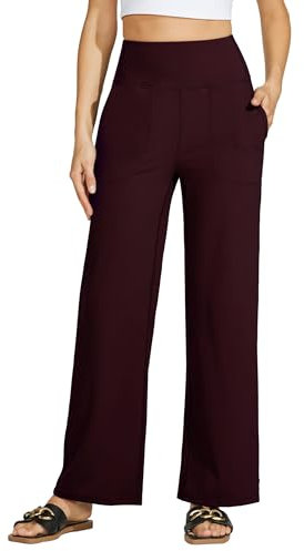WILLIT Yogahose Damen Weites Bein Sporthose Hohe Taille Yoga Hosen Bauchkontrolle Schlaghose Freizeithose Frauen Jogginghose mit Taschen 28 Weinrot M