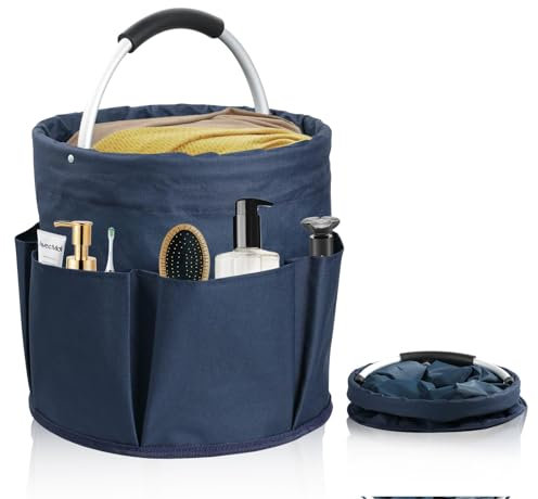 LEKEFETO Wasserdicht Faltbare Werkzeugkorb, Oxford-Stoff Aufbewahrungstasche mit Griff & 6 Seitentasche, Gartenwerkzeuge Tasche, Aufbewahrungskorb für Wandern, Grillen, Home(Navy Blau, 28 x 28 cm)